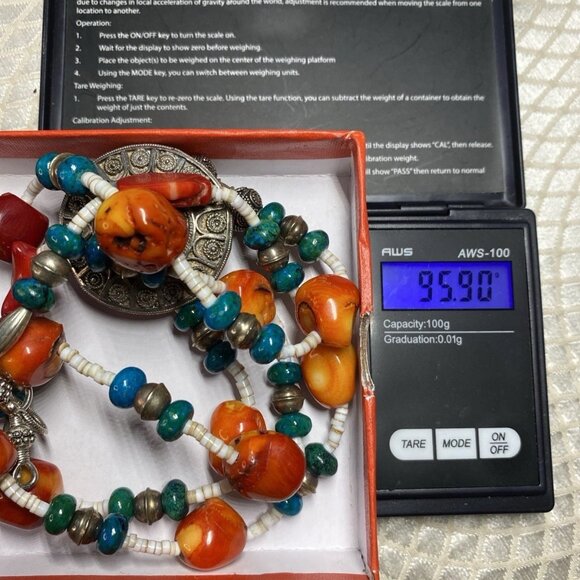 Vintage Yemenite Filigree 925 Silver Coral Turquoise Necklace 34” - Picture 7 of 16